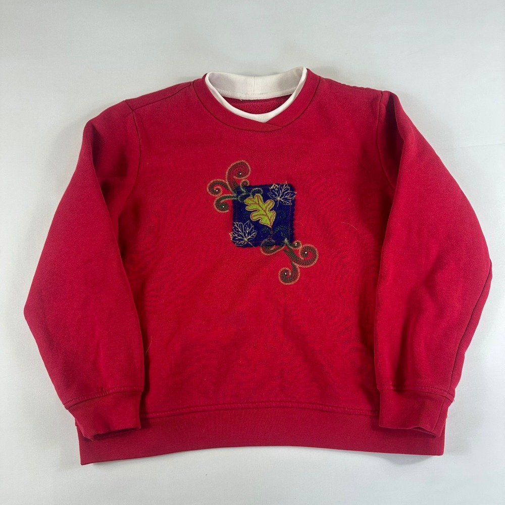 Youth M Red Crewneck Sweatshirt Long Sleeve Leaf Patch Applique Pullover Top